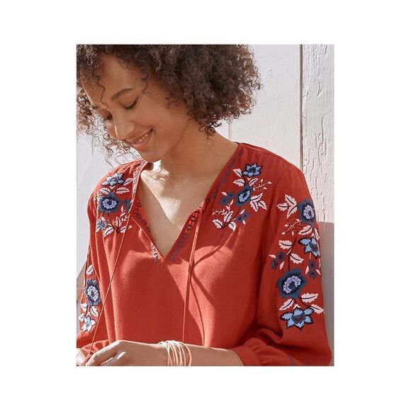 ✨Garnet Hill Embroidered-Yoke Bishop-Sleeve Sz Small Blouse✨ - Picture 3 of 13